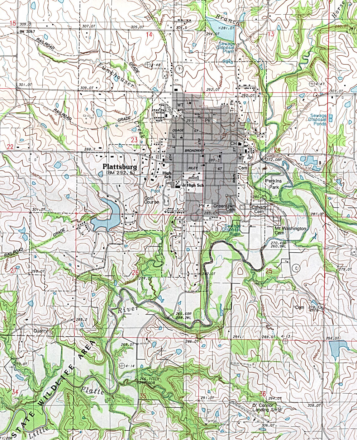 Mapa Topográfico de la Ciudad de Plattsburg, Missouri, Estados Unidos