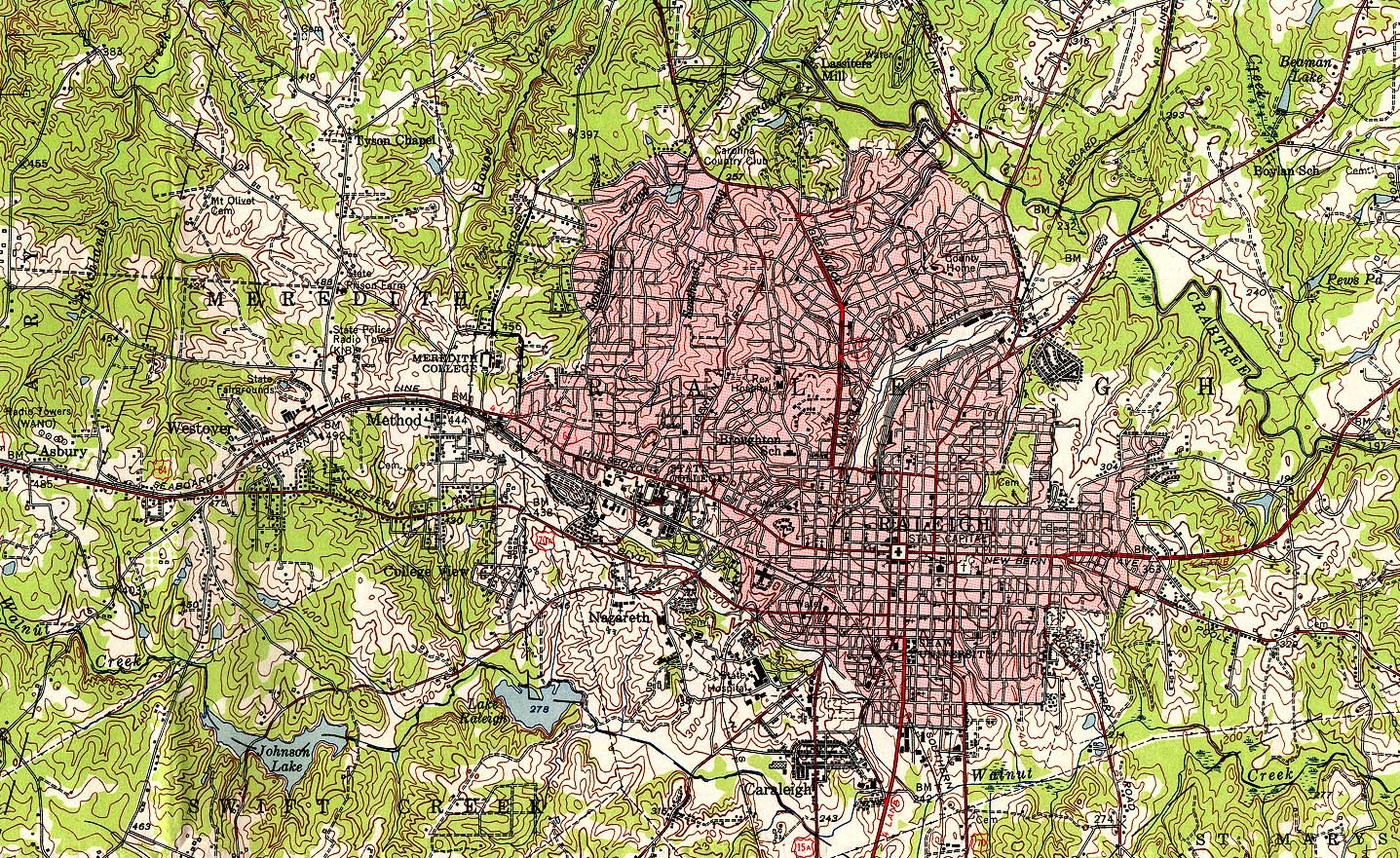 Mapa Topográfico de la Ciudad de Raleigh, Carolina del Norte, Estados Unidos 1951