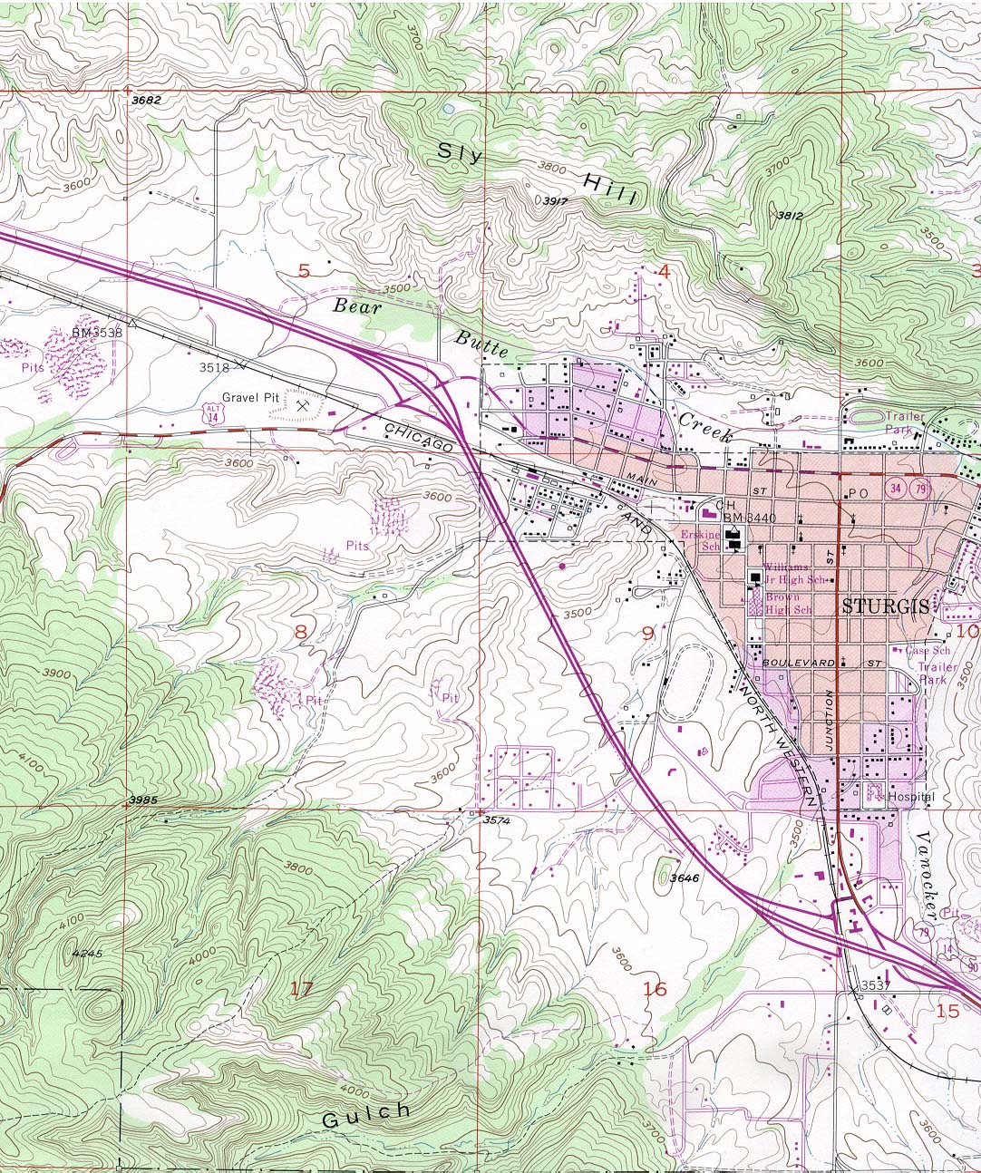 Mapa Topográfico de la Ciudad de Sturgis, Dakota del Sur, Estados Unidos