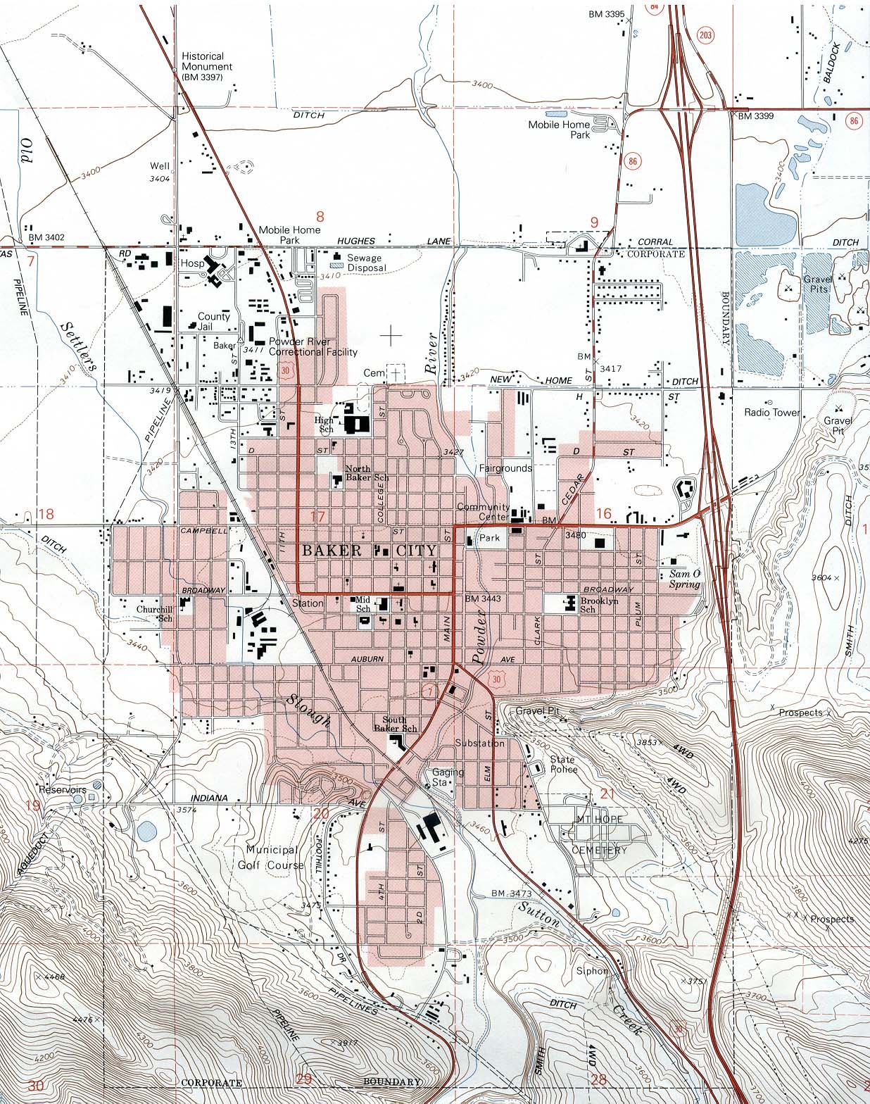 Mapa Topográfico de la Ciudad deBaker City, Oregón, Estados Unidos