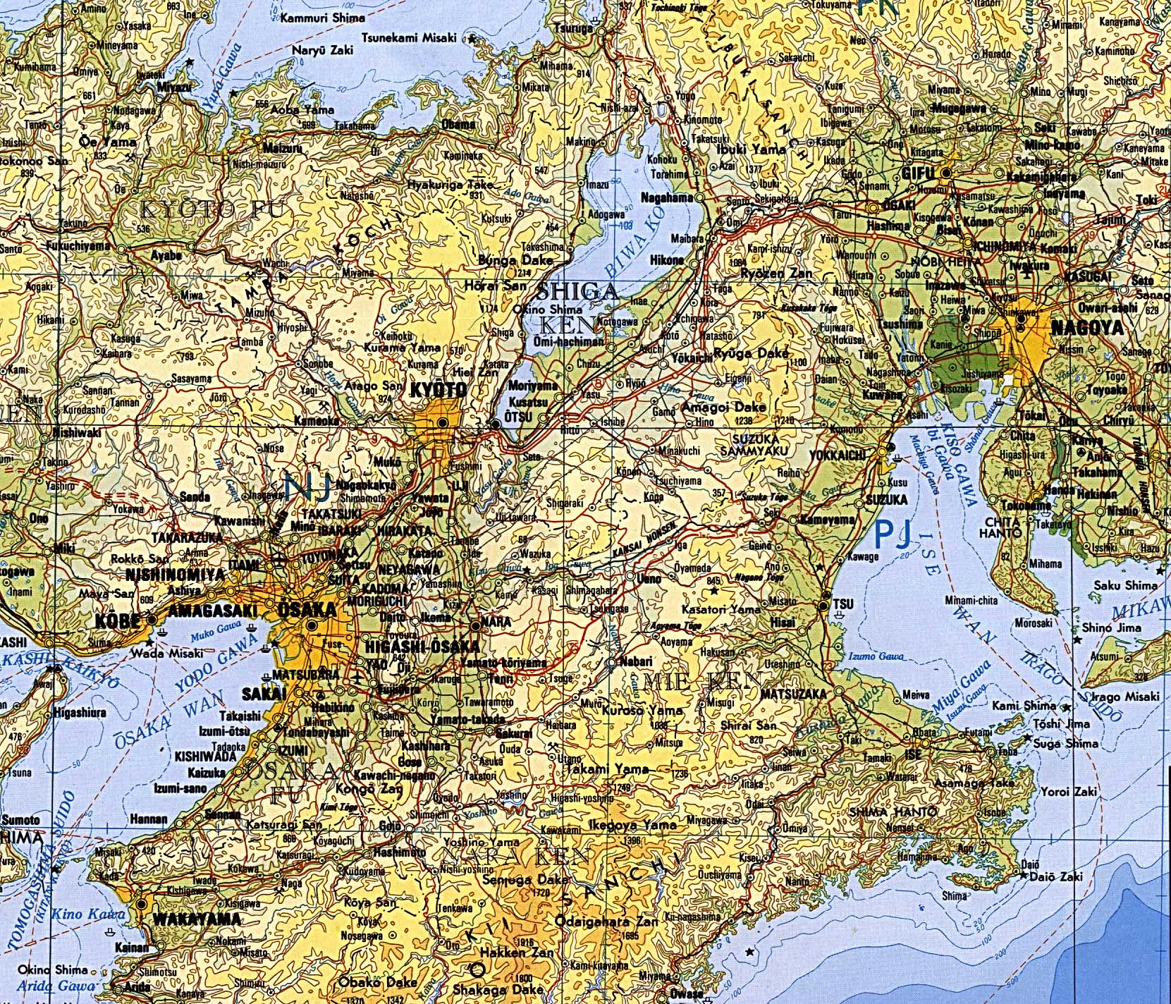 Mapa Topográfico de la Région de Osaka, Kioto y Nagoya, Japón