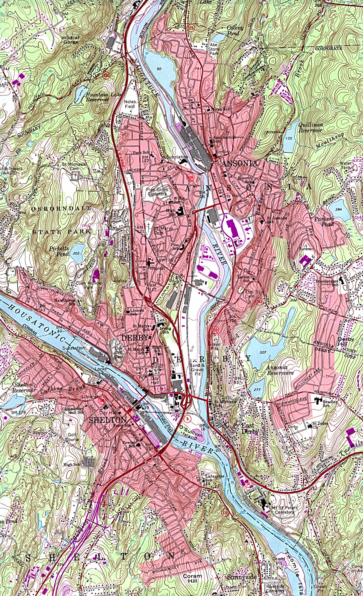 Mapa Topográfico de las Ciudades de Ansonia, Derby, Shelton, Connecticut, Estados Unidos