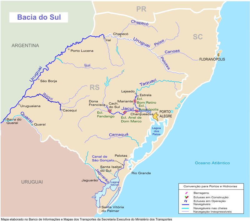 Mapa, Vias Fluviales y Canales, Cuenca del Sur, Brasil