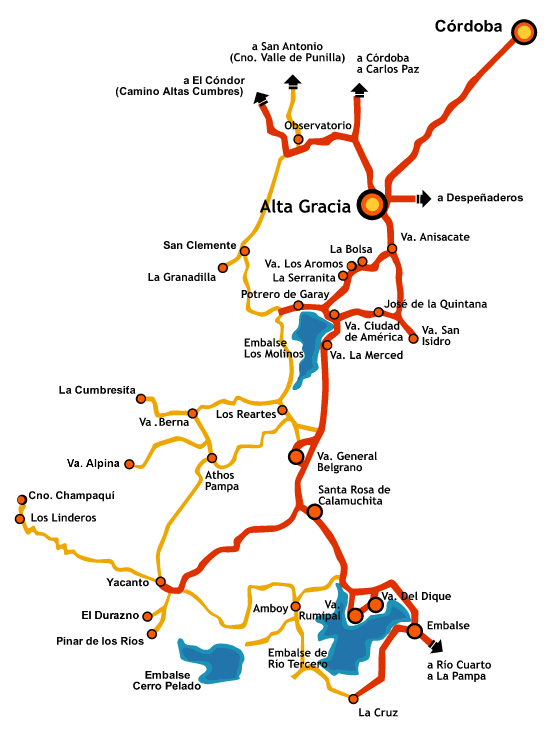 Mapa de Accesos de la Ciudad de Alta Gracia, Prov. Córdoba, Argentina