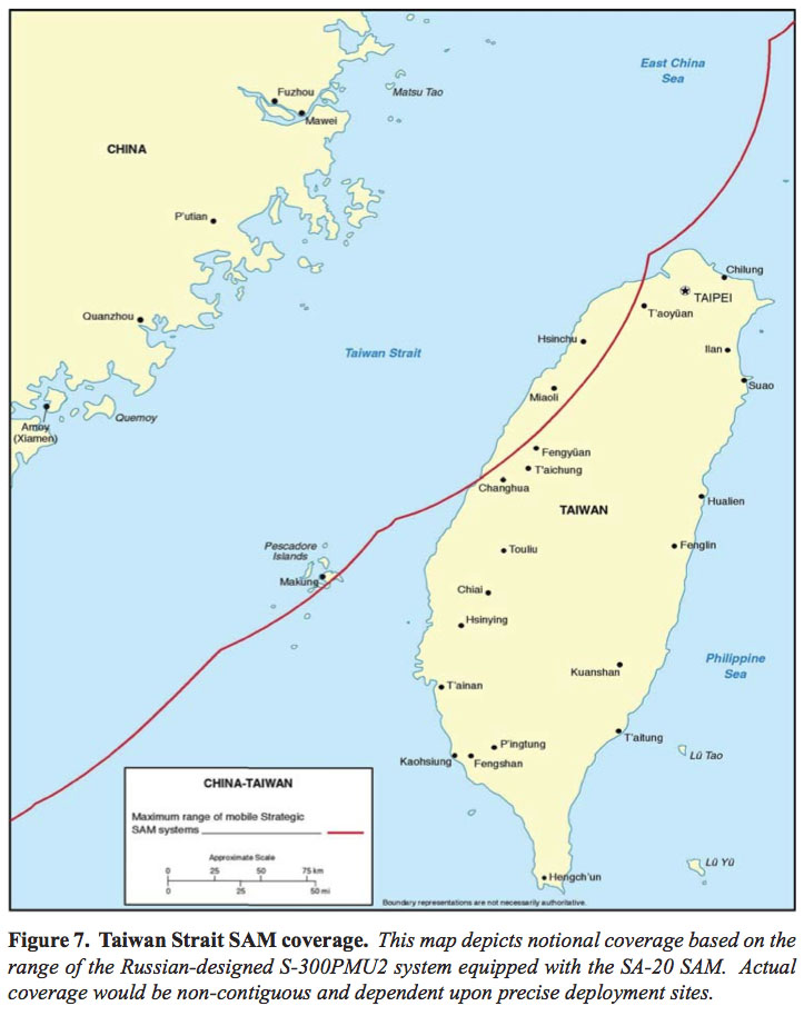 Mapa de Alcance de los Misiles SAM Chino en el Estrecho de Taiwán