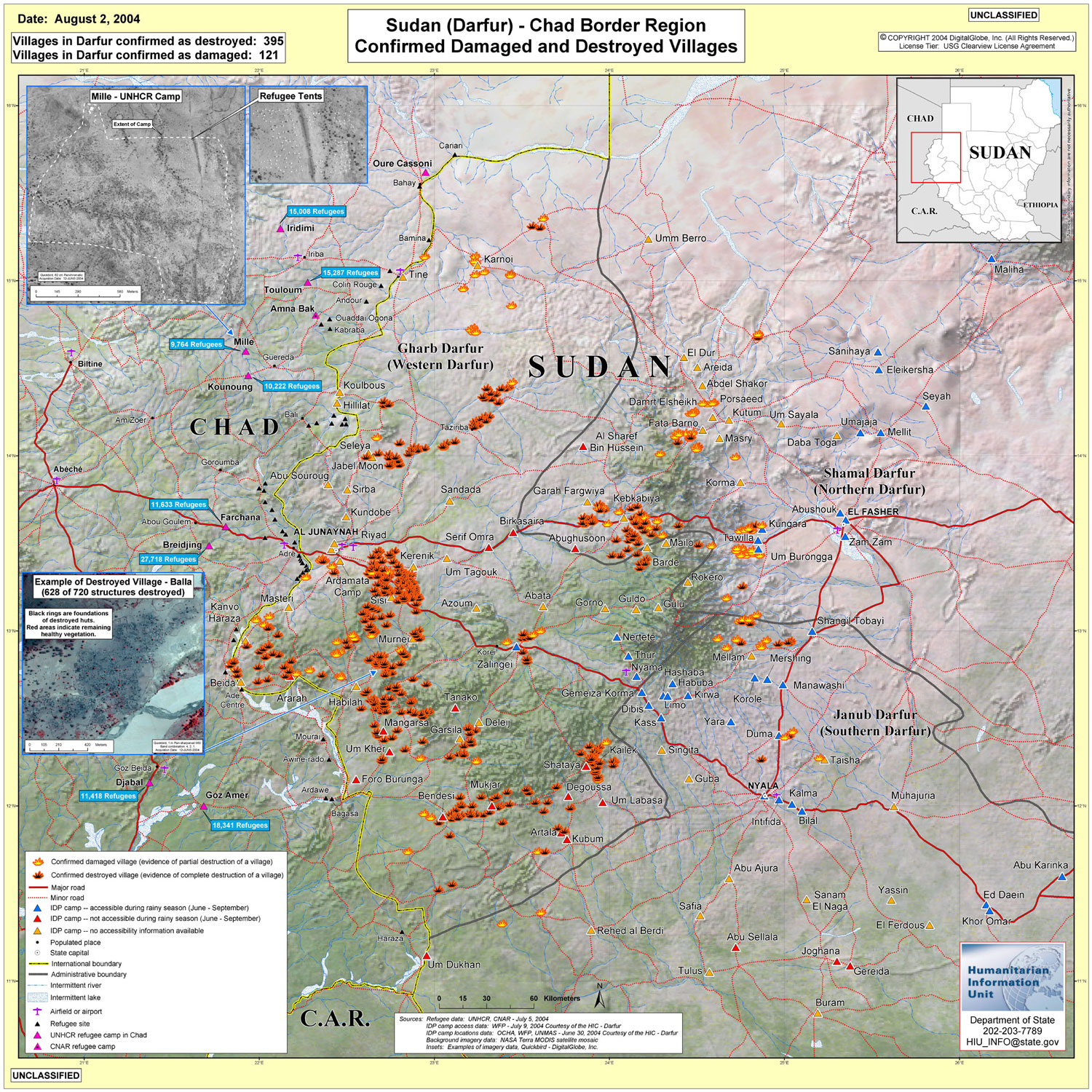 Mapa de Aldeas Dañadas o Destruidas, Darfur, Sudán, Agosto 2, 2004