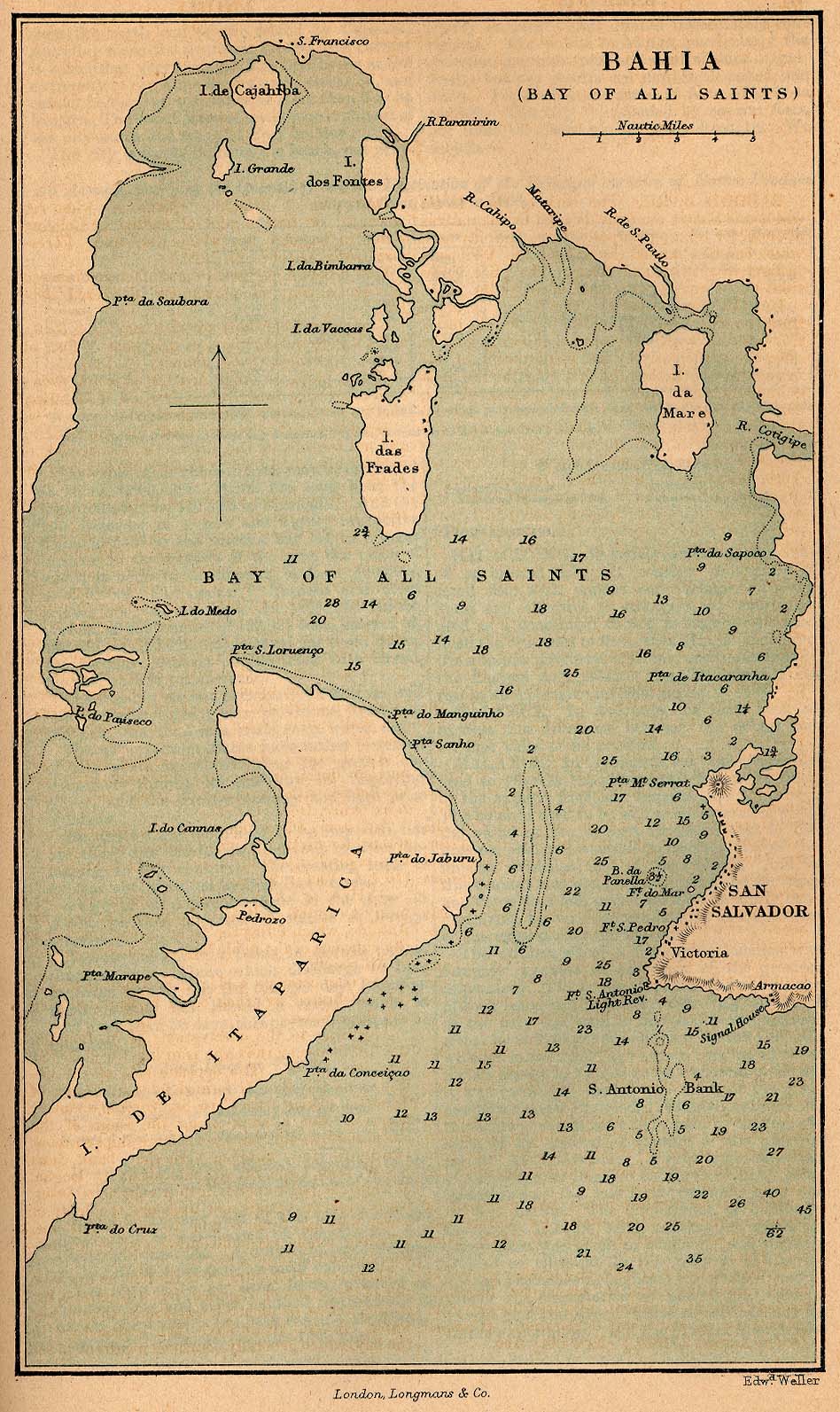 Mapa de Bahía (Bahía de Todos los Santos), Brasil 1882