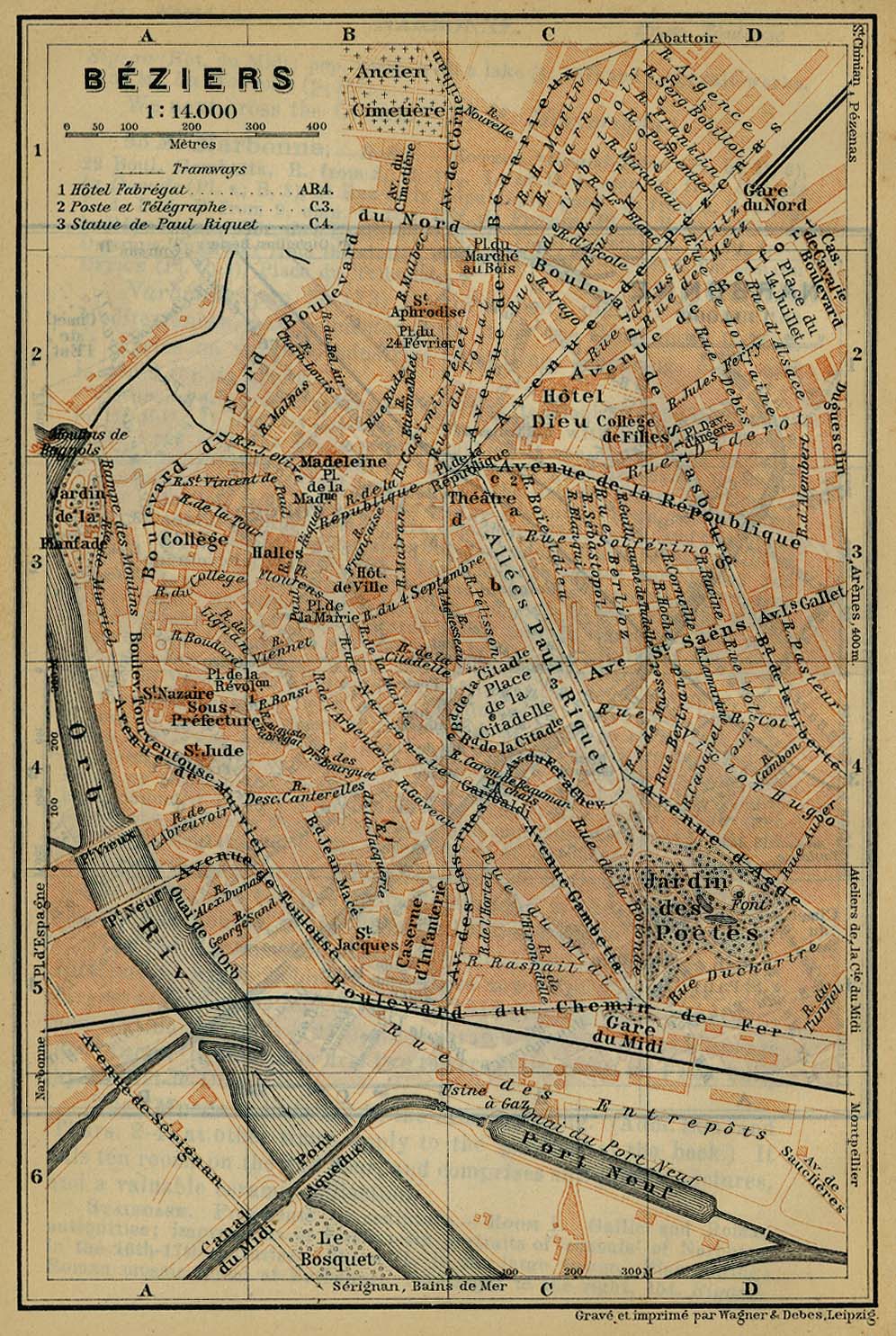 Mapa de Béziers, Francia 1914