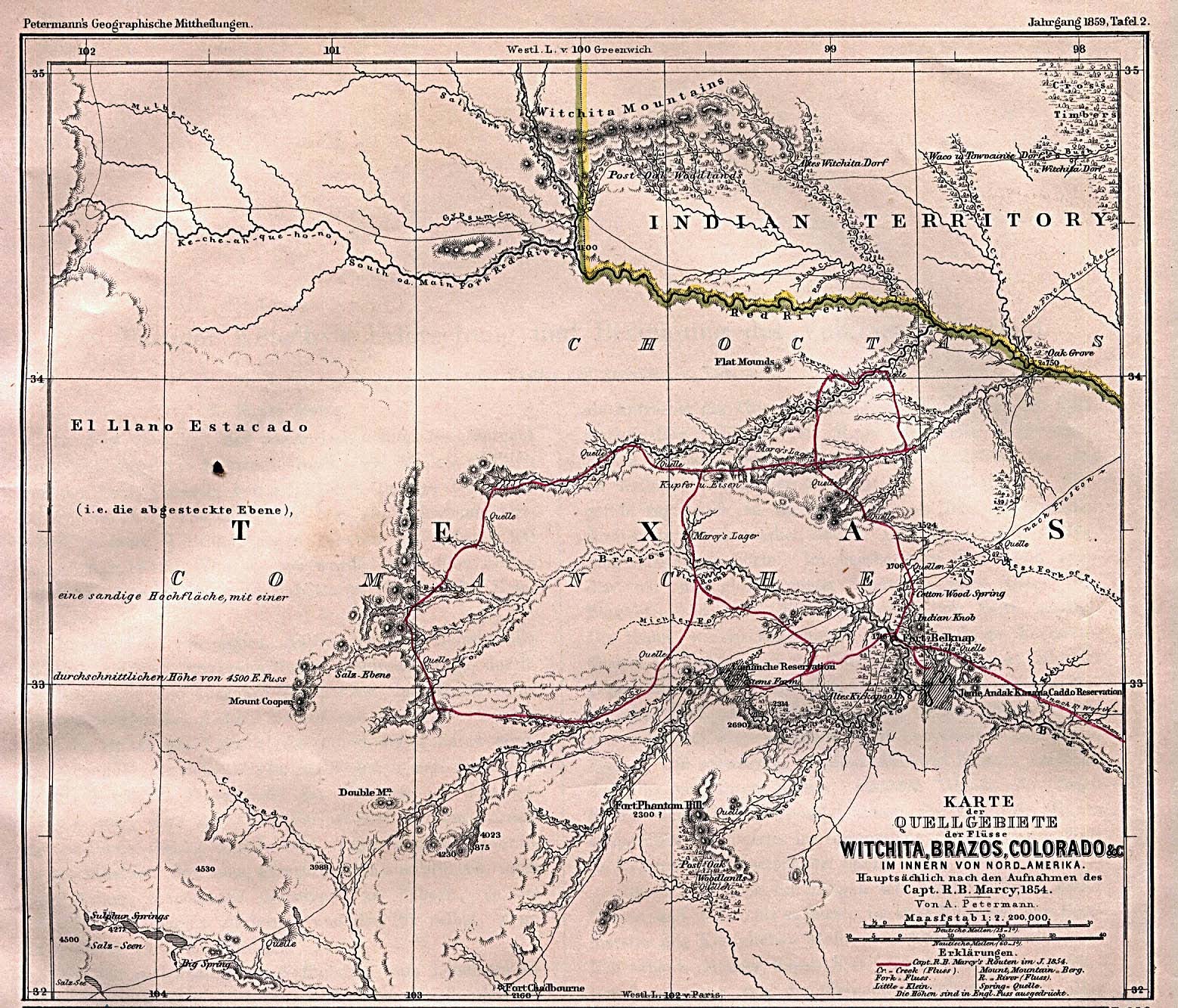 Mapa de Captain Marcy's route though Texas 1854