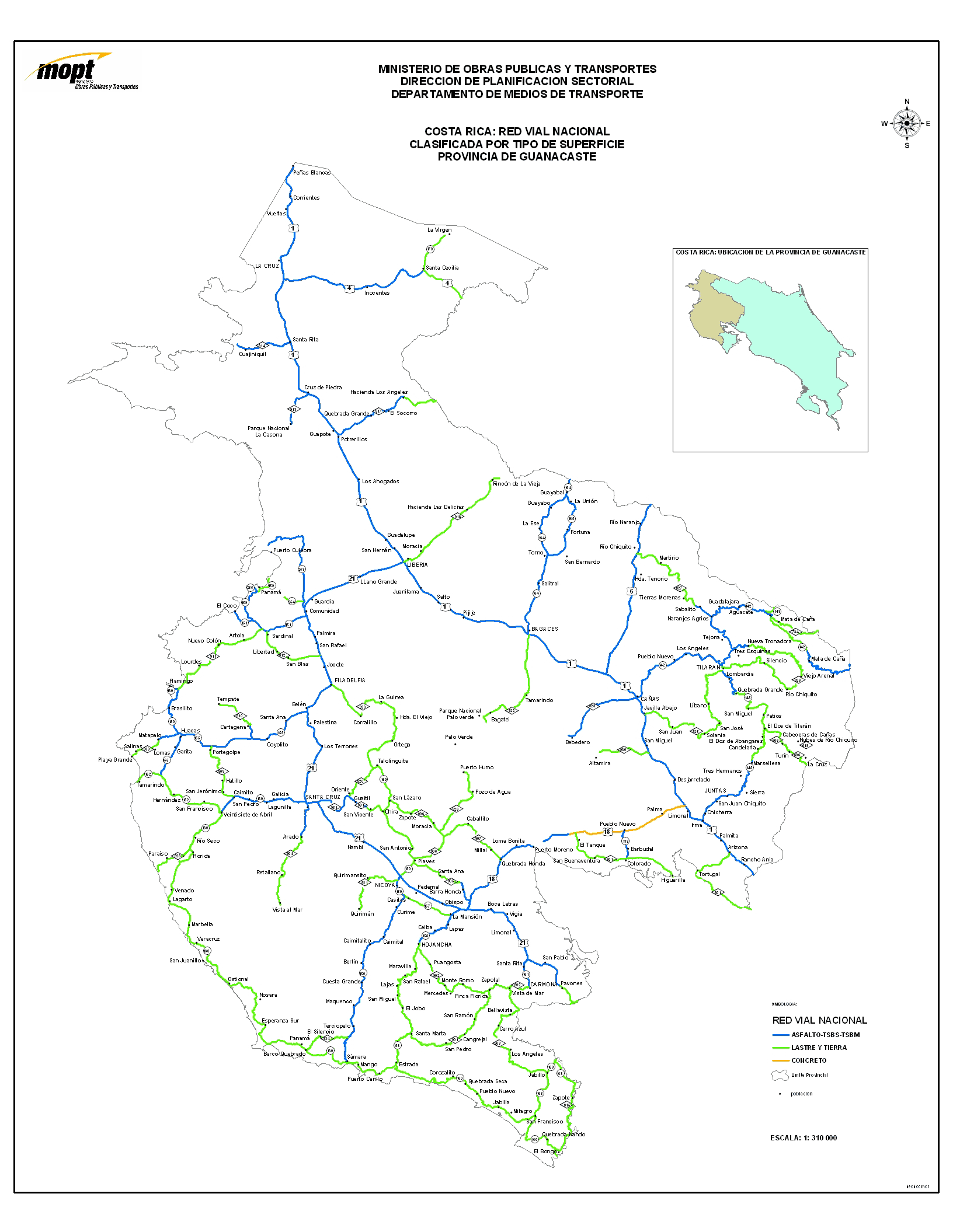 Mapa de Carreteras de la Provincia de Guanacaste, Costa Rica