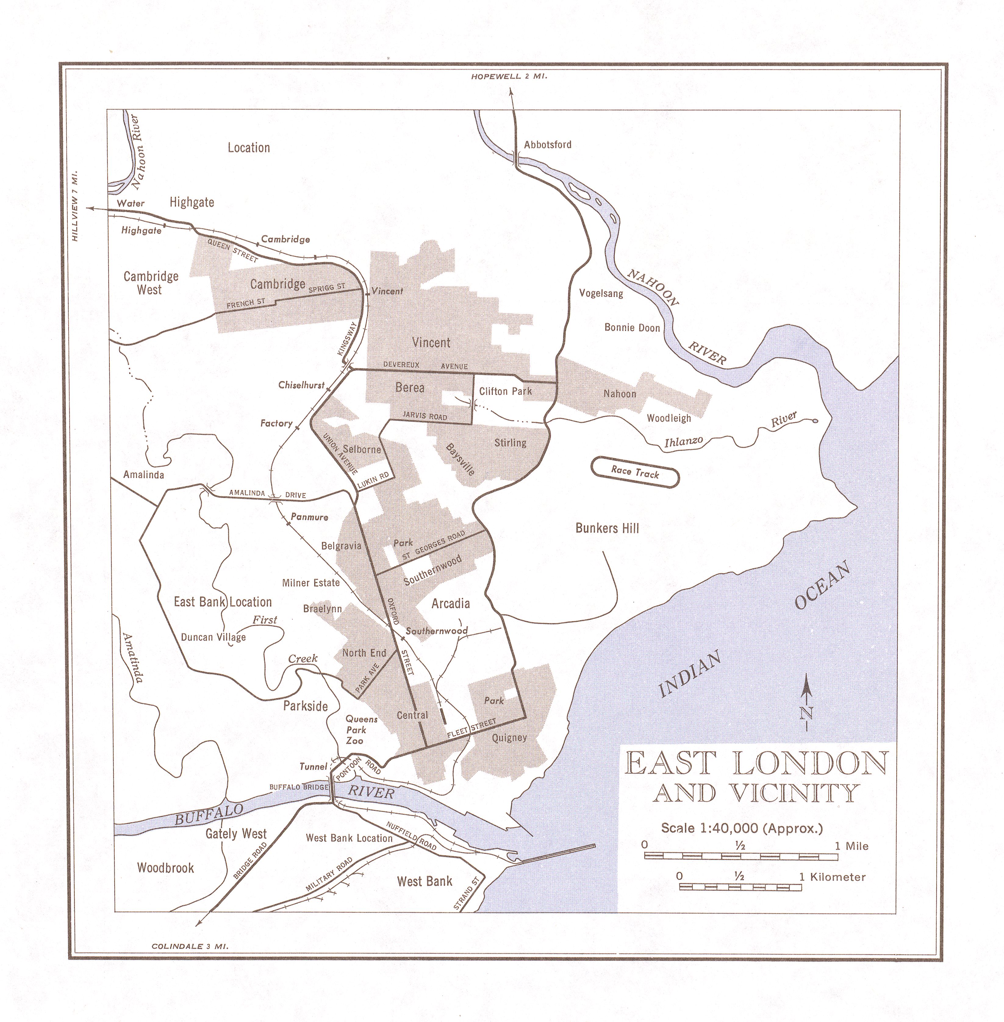 Mapa de East London y Cercanías, Sudáfrica 1954