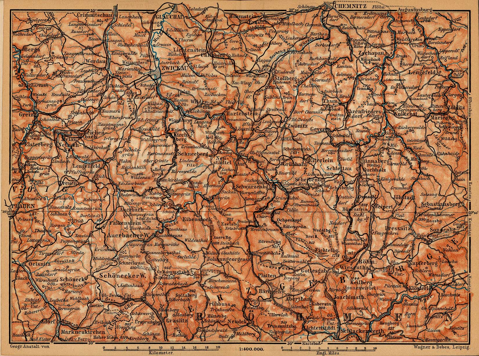 Mapa de Erzgebirge, Alemania 1910