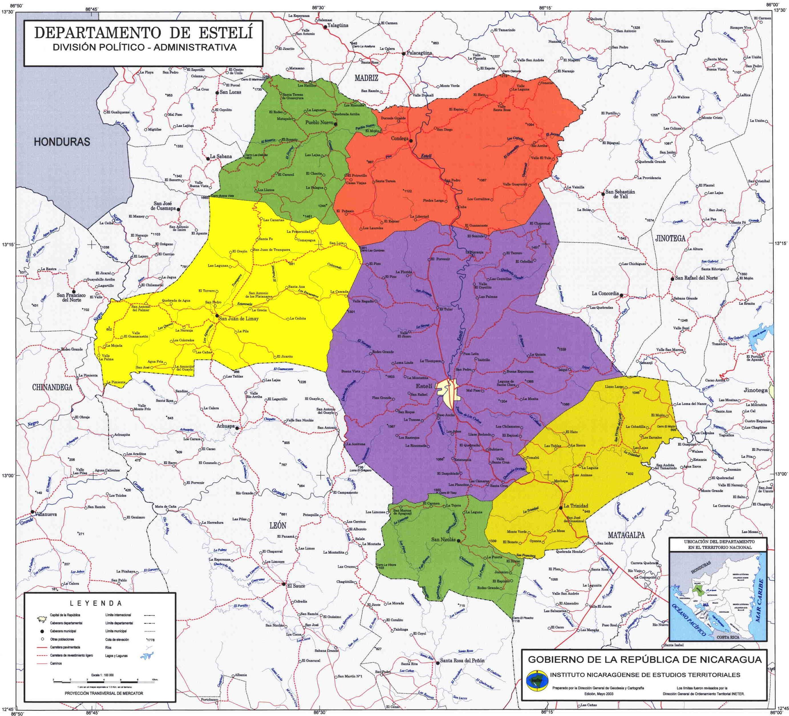 Mapa de Estelí, División Político-Administrativa del Departamento, Nicaragua