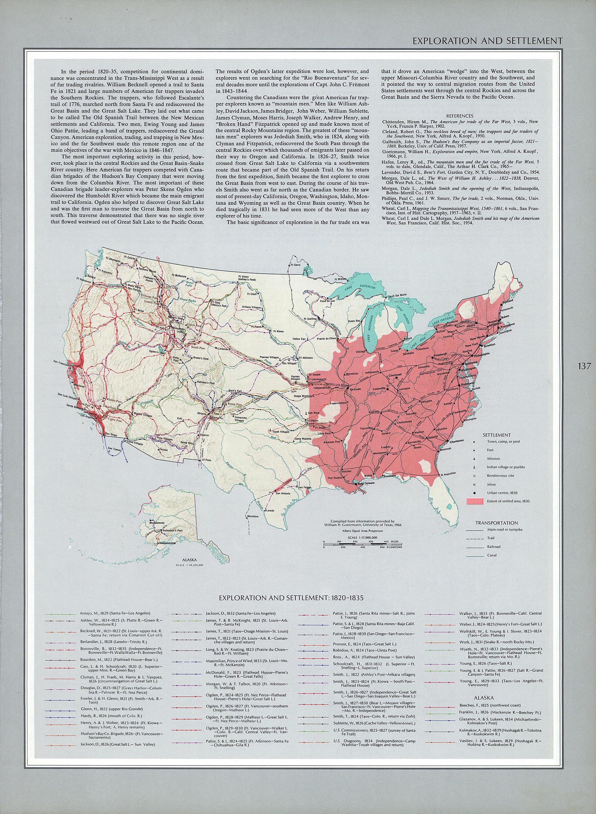 Mapa de Exploración y Asentamientos, Estados Unidos 1820  - 1835