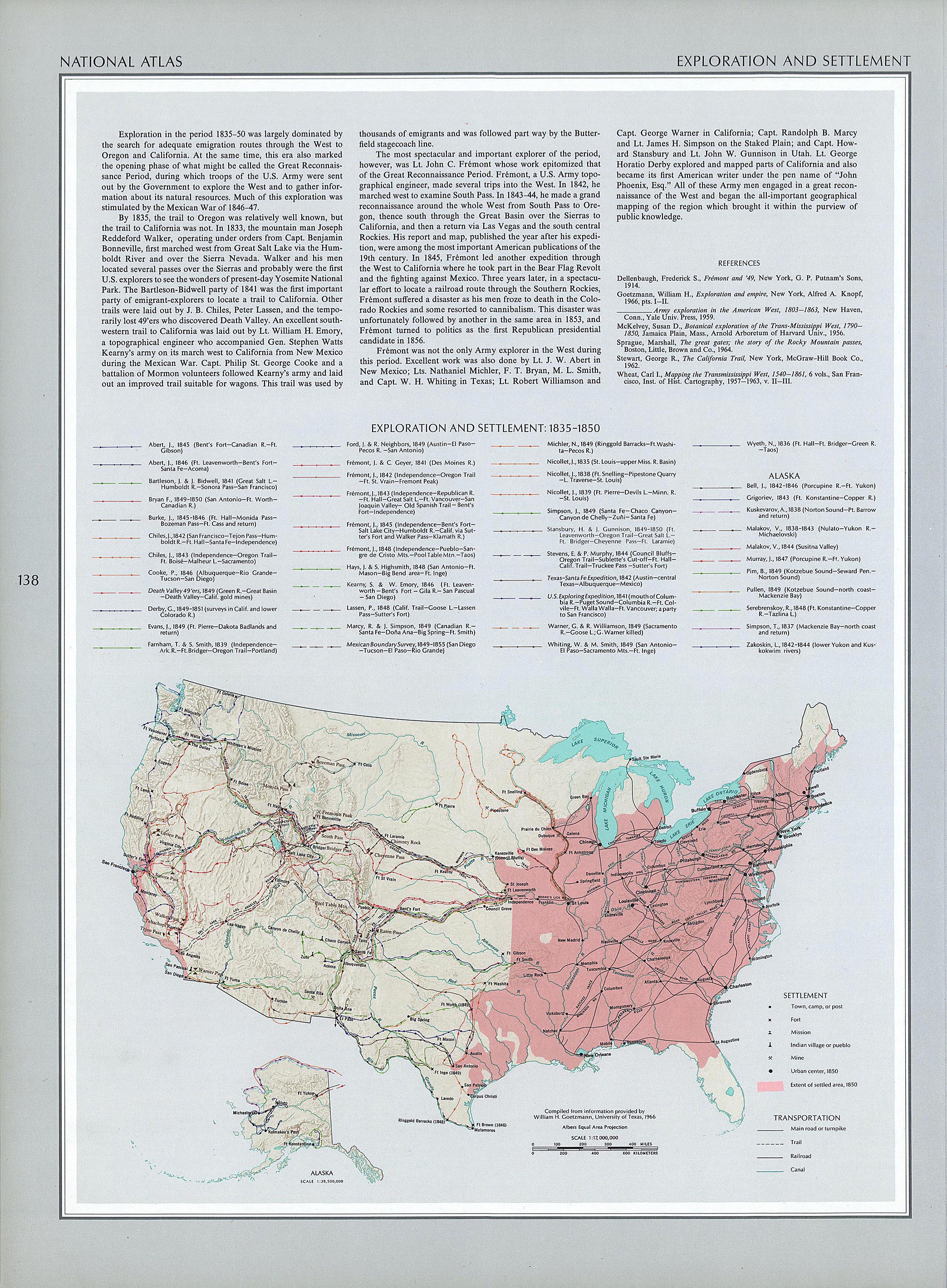 Mapa de Exploración y Asentamientos, Estados Unidos 1835 -  1850