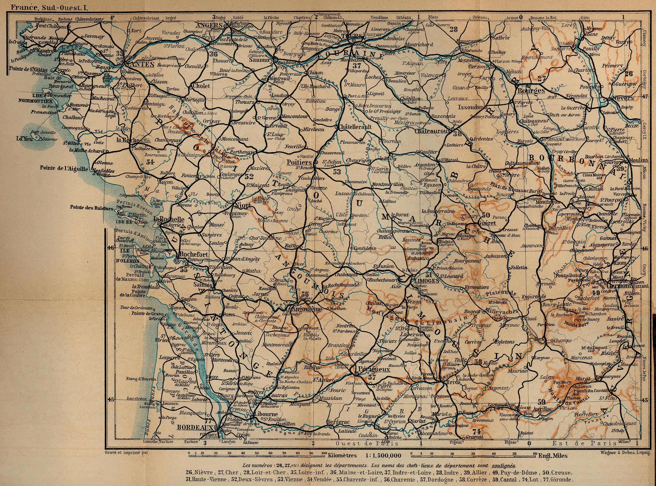 Mapa de Francia Suroccidental, Desde Tours Hasta Burdeos 1914
