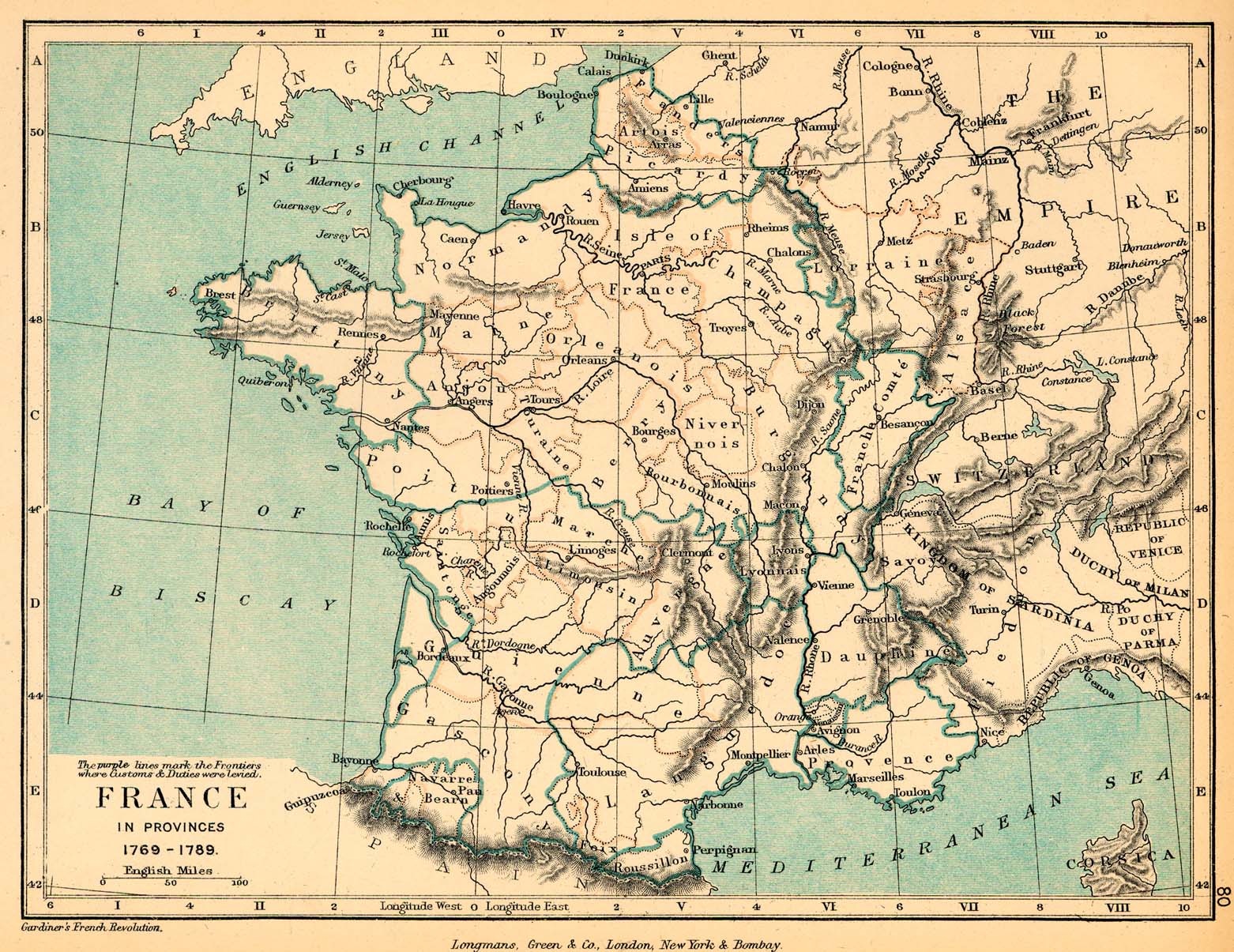 Mapa de Francia en las Provincias, Mostrando las Aduanas en las Fronteras 1789