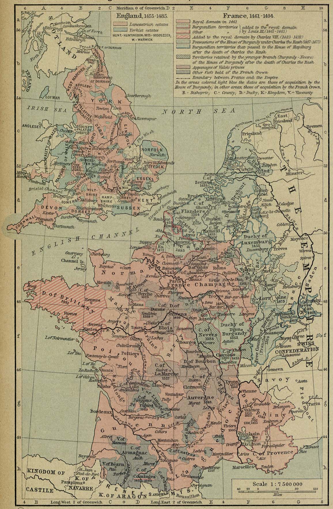 Mapa de Francia y Inglaterra, 1455 - 1494