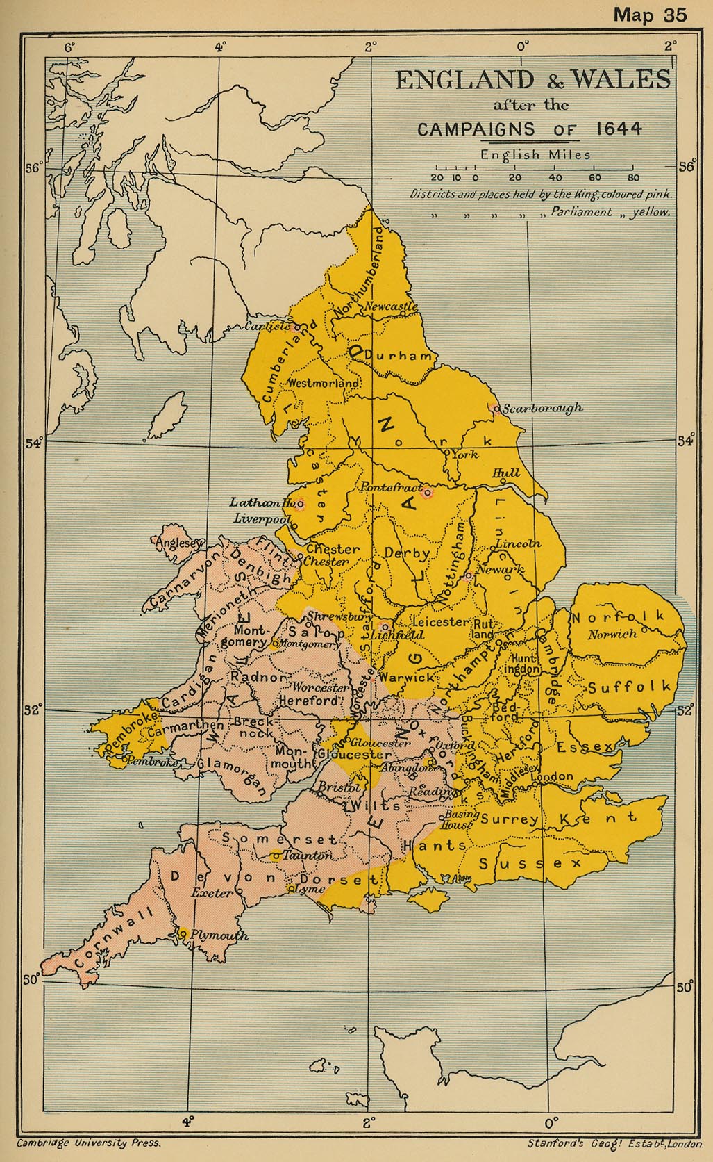 Mapa de Inglaterra y El País de Gales Despues de las Campañas de 1644