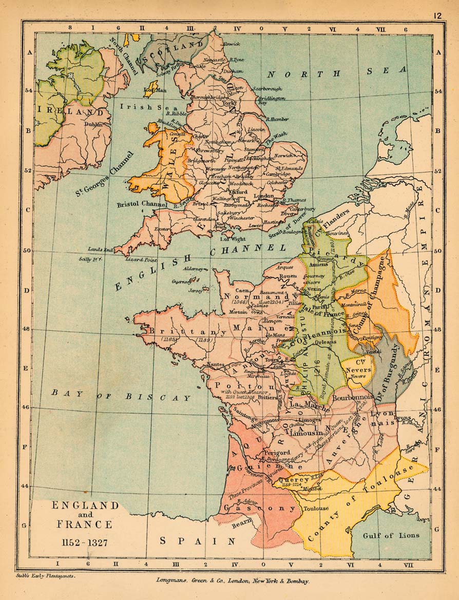 Mapa de Inglaterra y Francia 1152  - 1327