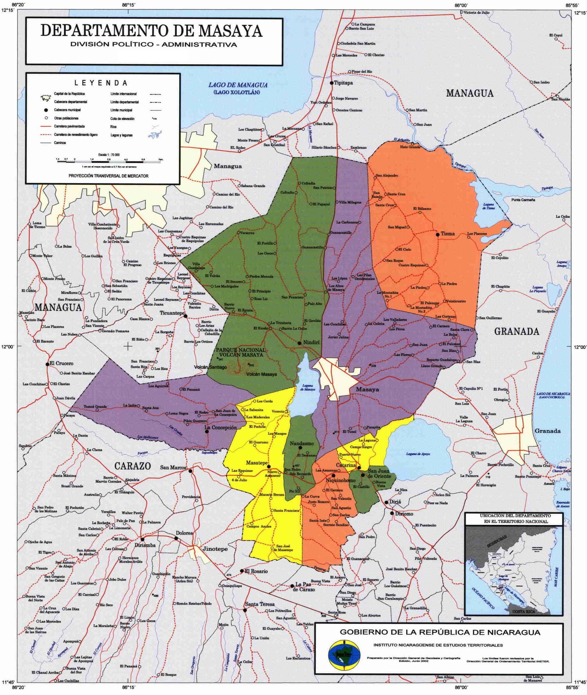 Mapa de Masaya, División Político-Administrativa del Departamento, Nicaragua
