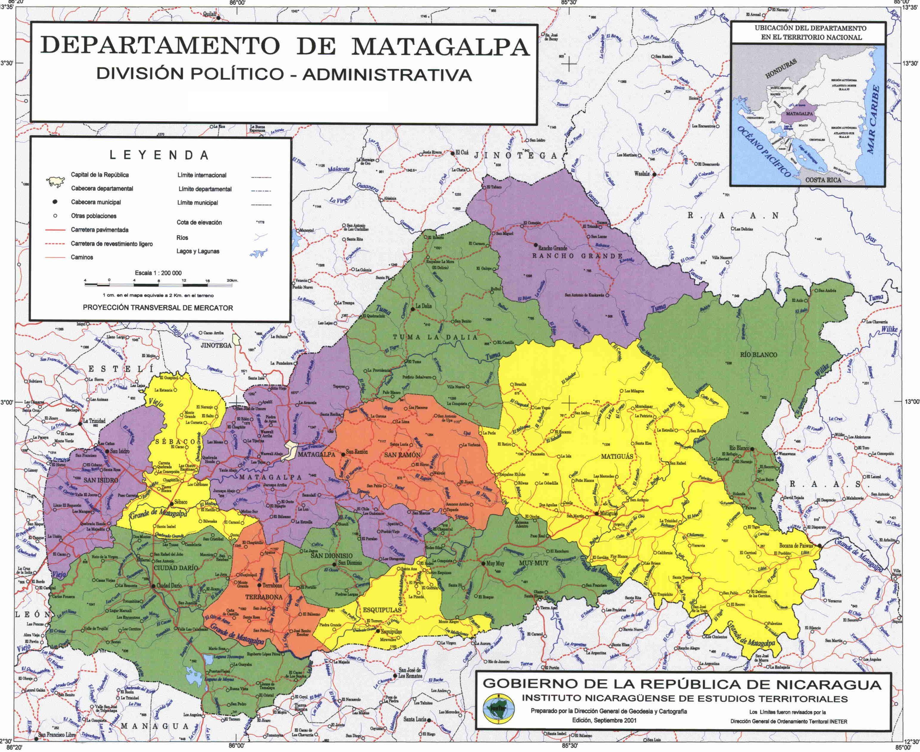 Mapa de Matagalpa, División Político-Administrativa del Departamento, Nicaragua