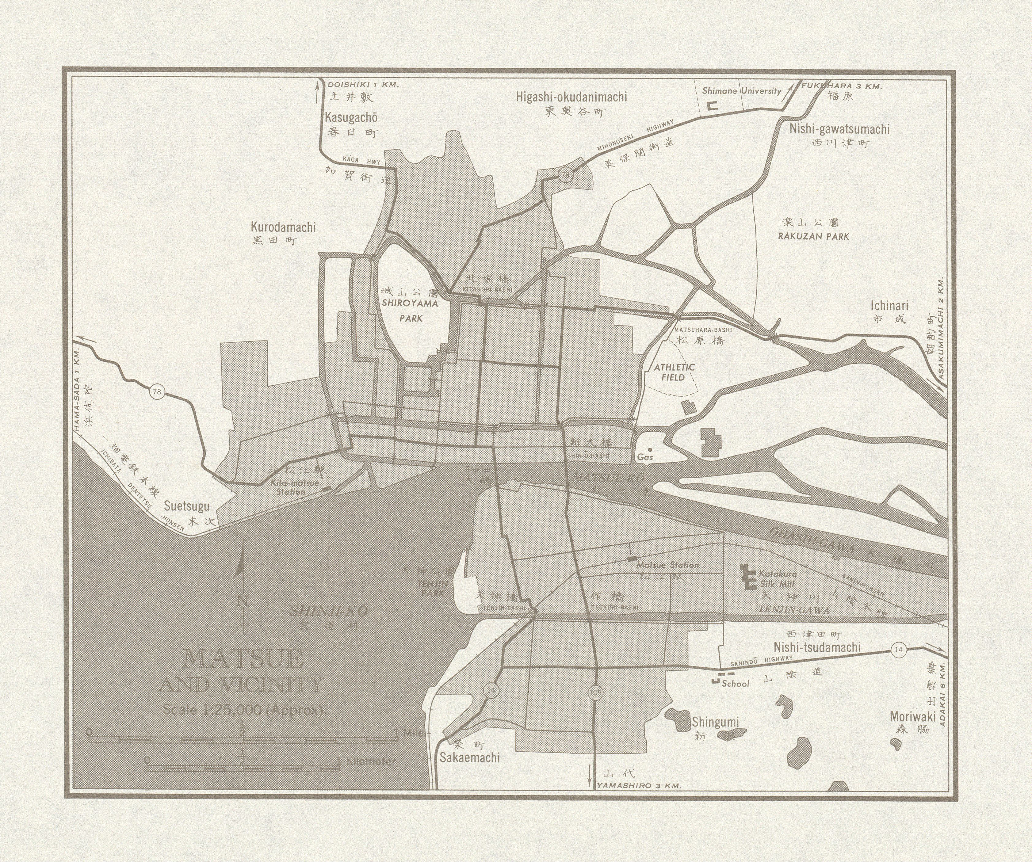 Mapa de Matsue y Cercanías, Japón 1954
