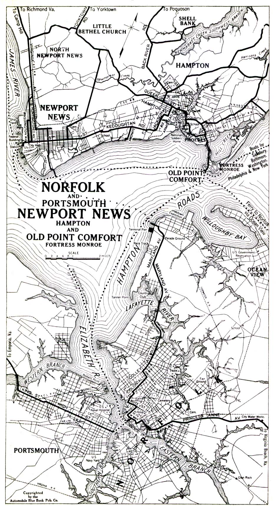 Mapa de Norfolk y Portsmouth, Newport News, Hampton y Old Point Comfort, Fortaleza Monroe, Virginia, Estados Unidos 1919