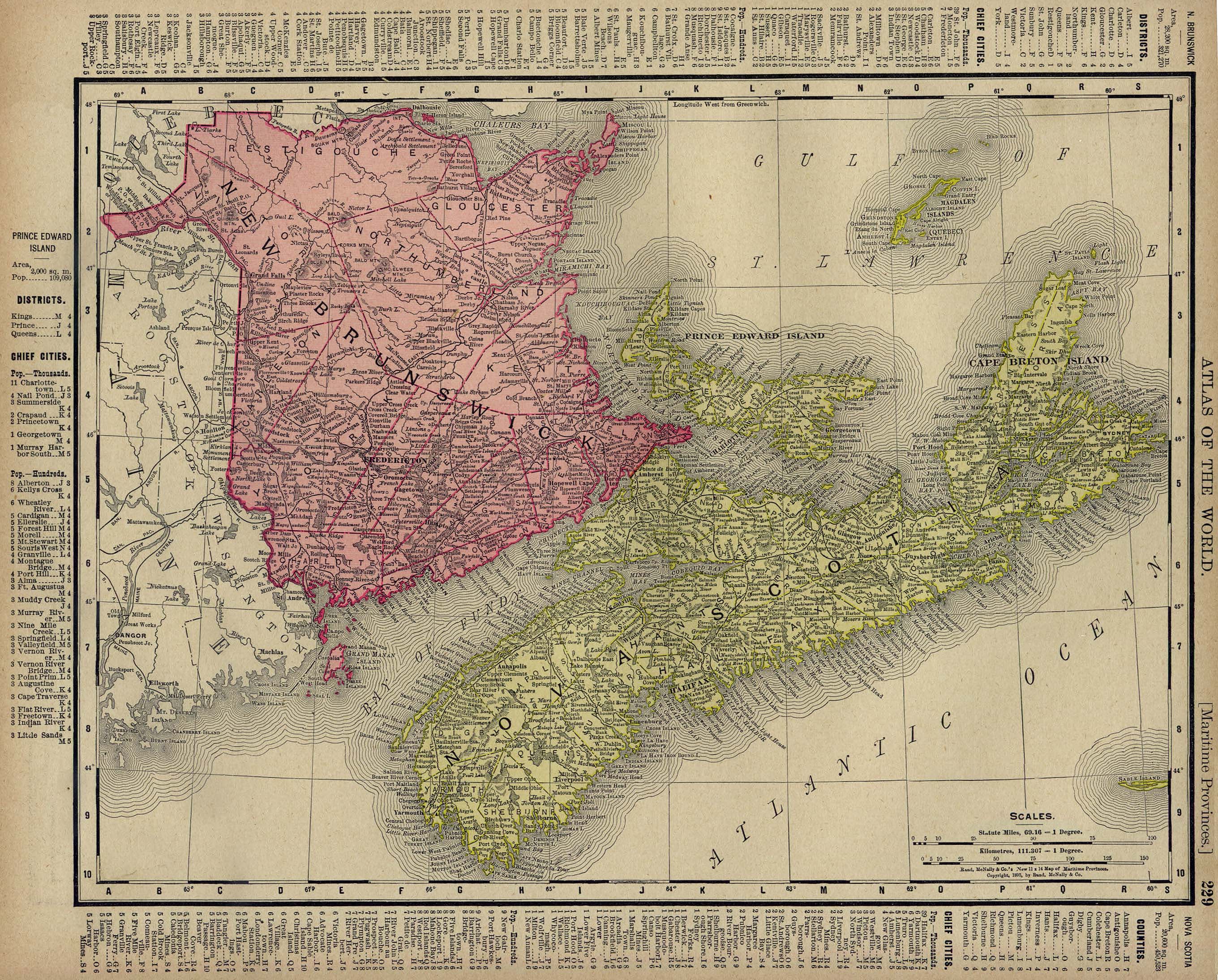 Mapa de Nueva Escocia, Nuevo Brunswick, Isla del Príncipe Eduardo, Canadá 1895