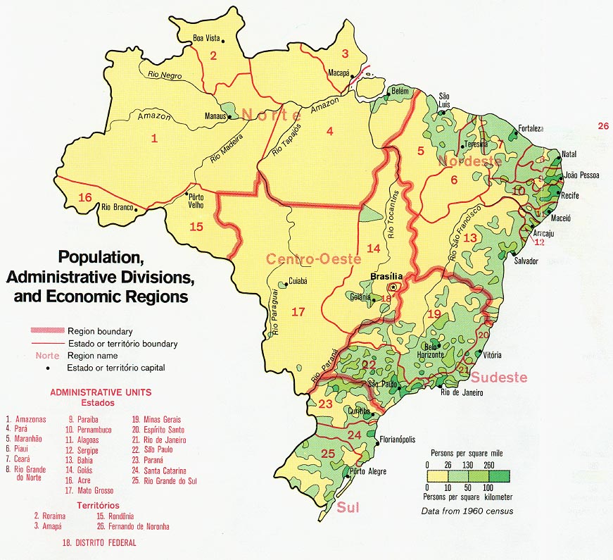 Mapa de Población, Divisiones Administrativas y Regiones Económicas de Brasil