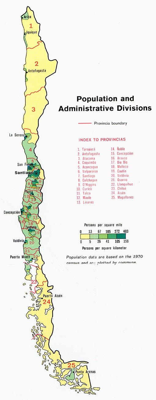 Mapa de Población y Divisiones Administrativas de Chile