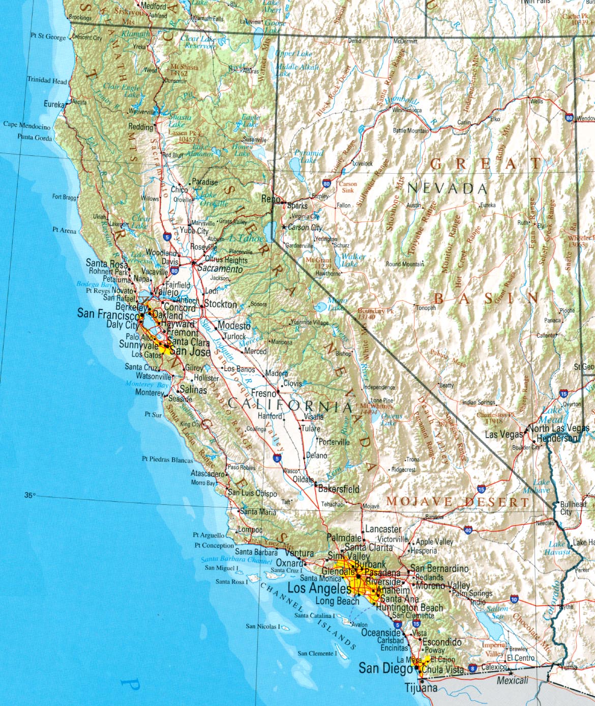 Mapa de Relieve Sombreado de California, Estados Unidos