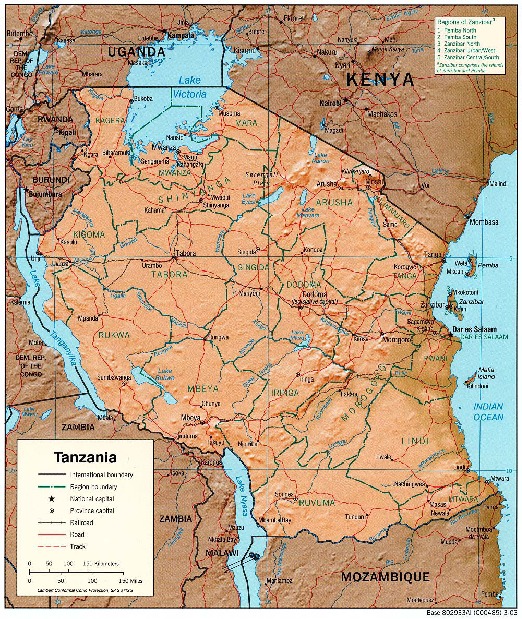 Mapa de Relieve Sombreado de Tanzania