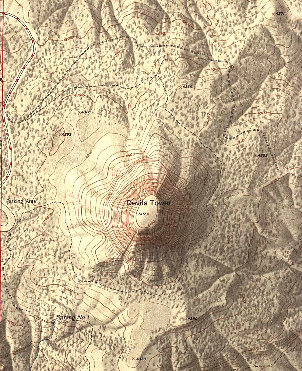 Mapa de Relieve Sombreado del Monumento Nacional Devil's Tower, Wyoming, Estados Unidos 1949