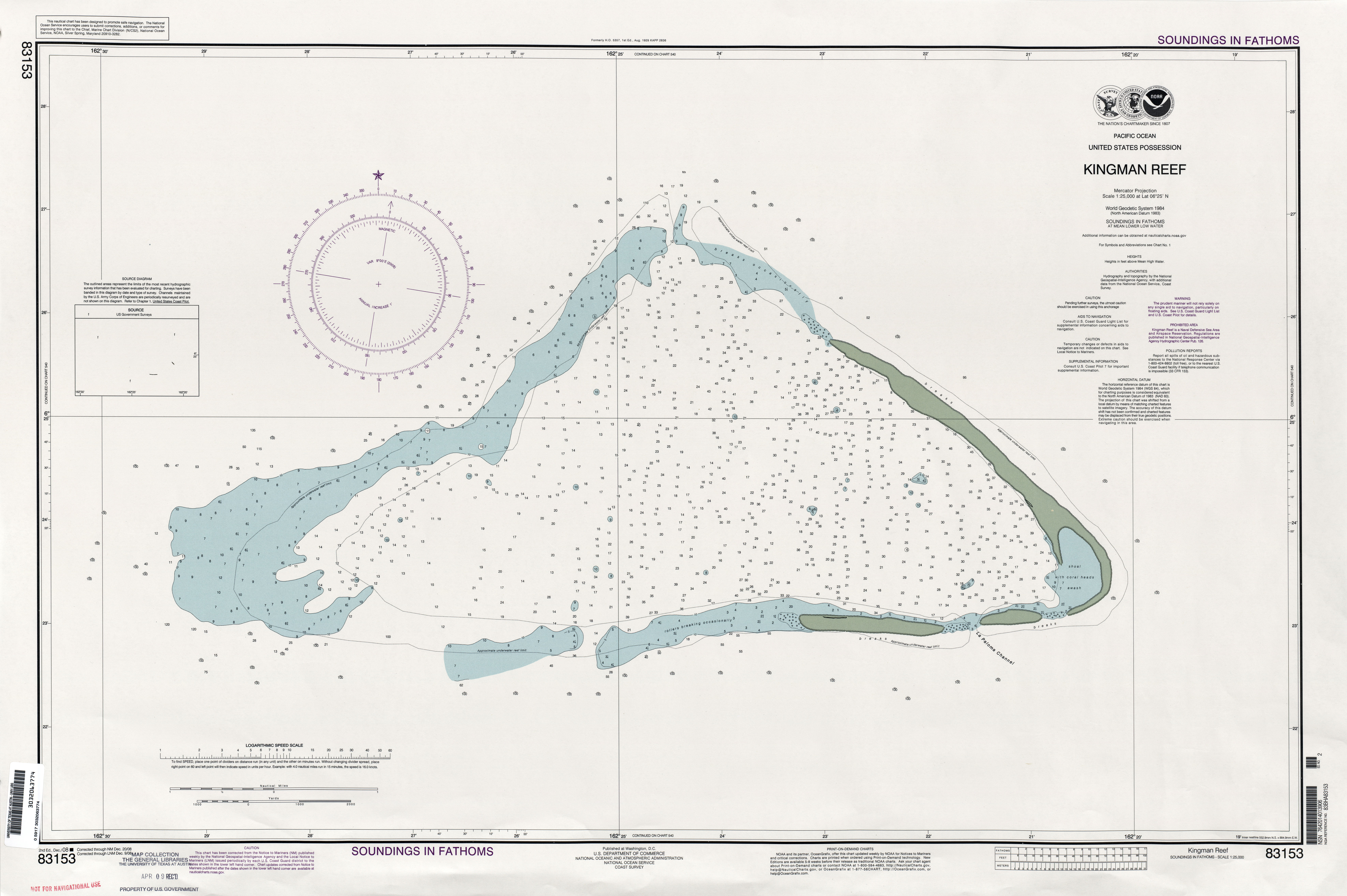 Mapa de Sondeos en Brazas del Arrecife Kingman, Estados Unidos