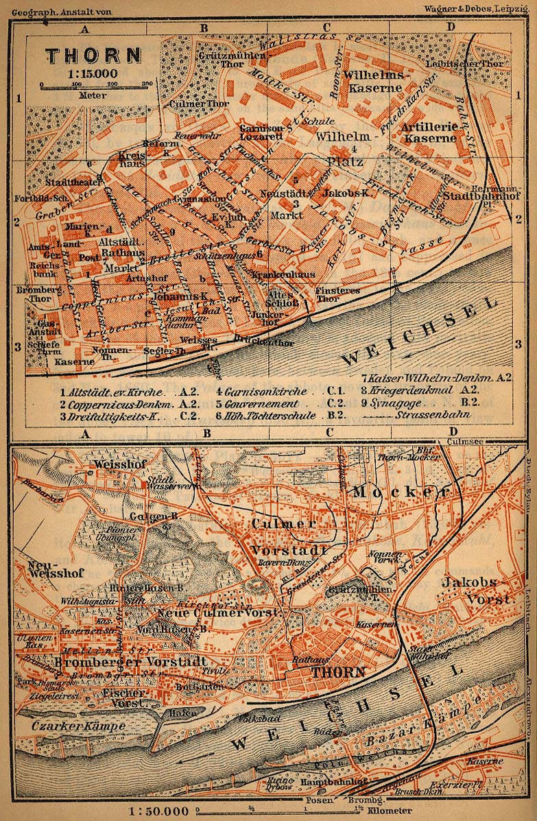 Mapa de Torun (Thorn), Polonia 1910