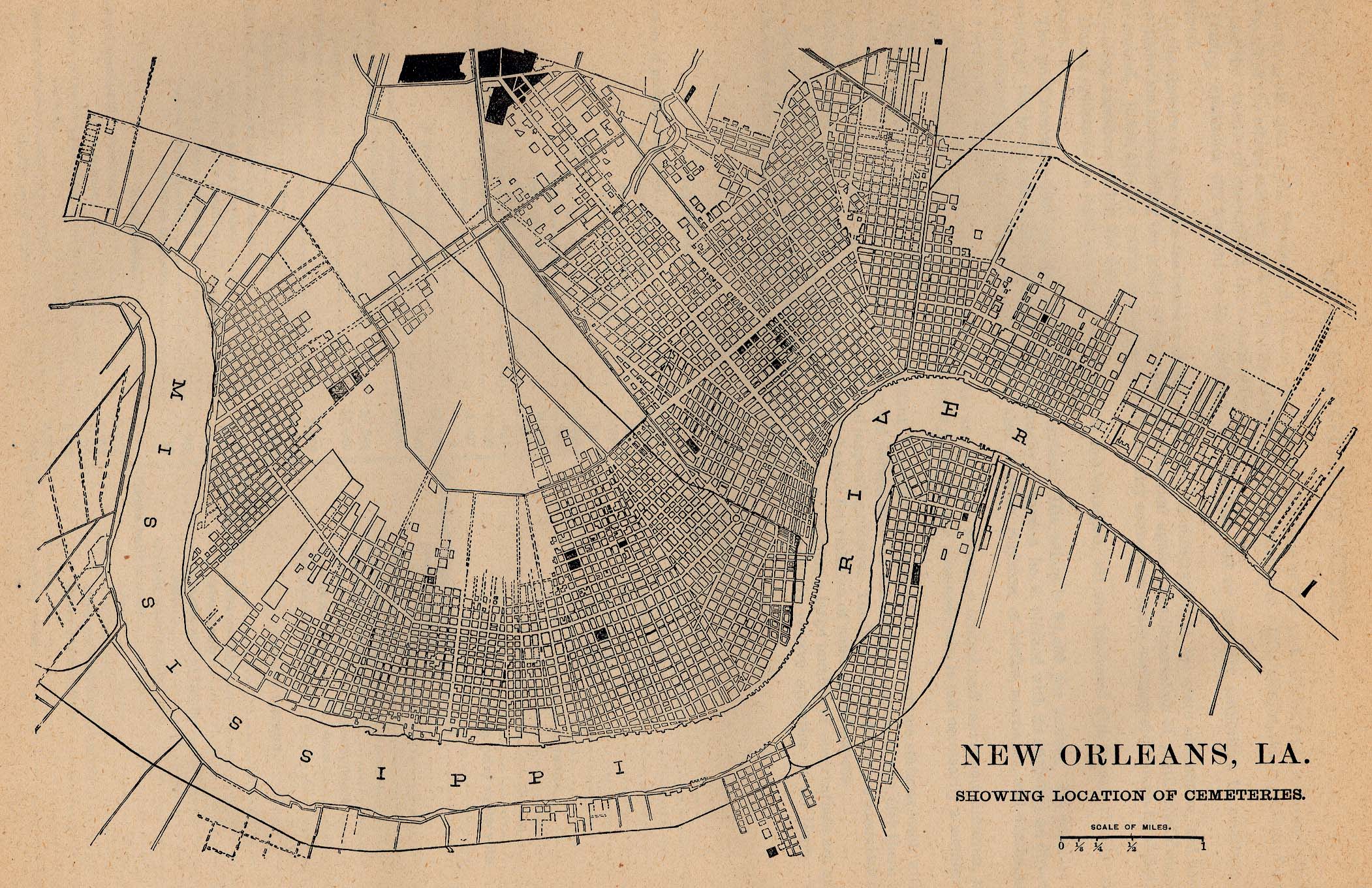 Mapa de Ubicación de los Cementerios, Nueva Orleans, Luisiana, Estados Unidos 1880