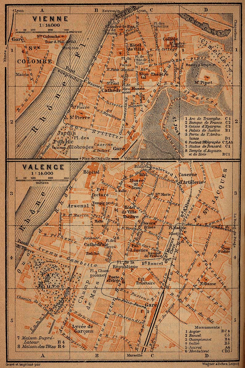 Mapa de Valence y Vienne, Francia 1914