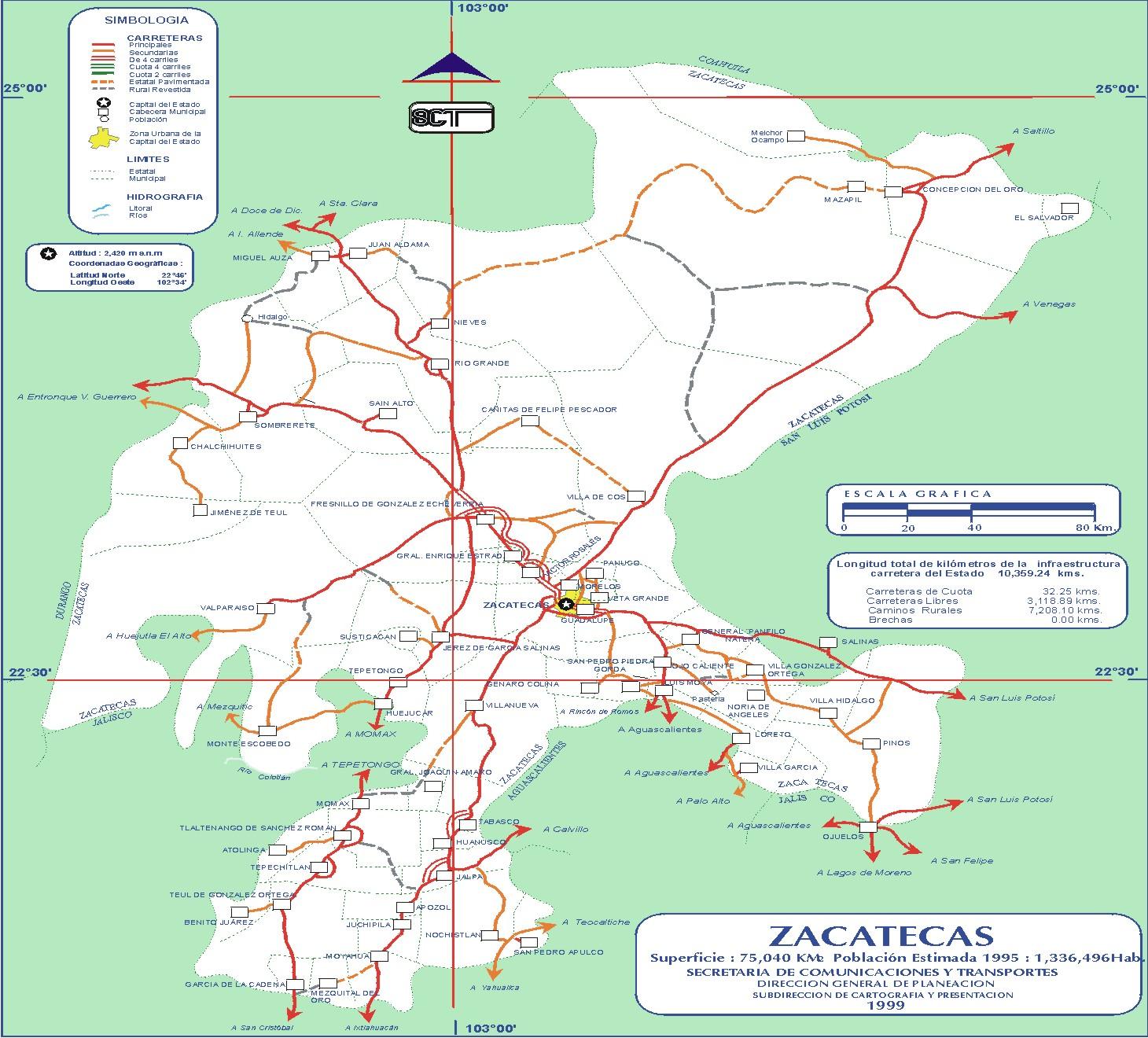 Mapa de Zacatecas (Estado), Mexico