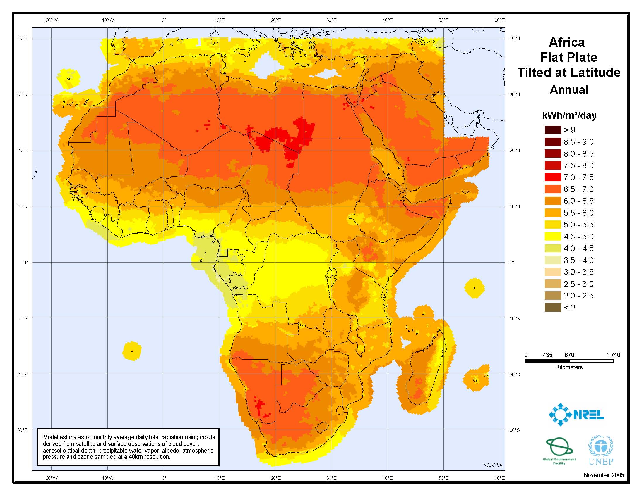 Mapa de irradiación solar de África 2005