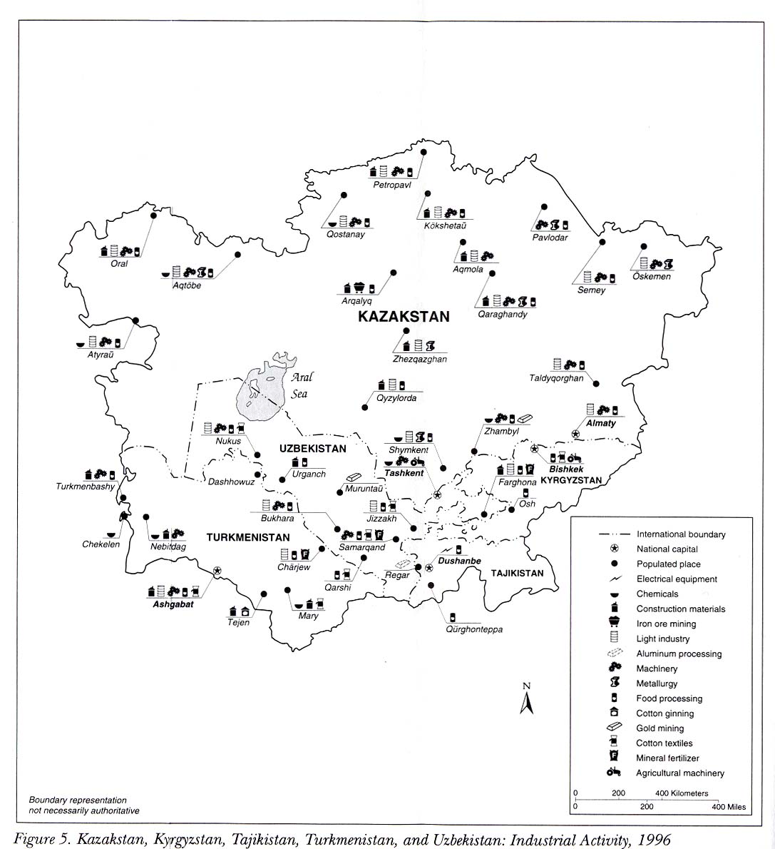 Mapa de la Actividad Industrial de Kazajistán Kirguistán, Tayikistán, Turkmenistán y Uzbekistán