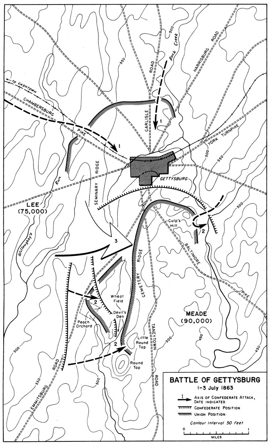 Mapa de la Batalla de Gettysburg, Guerra Civil Estadounidense,  1 - 3 Julio 1863