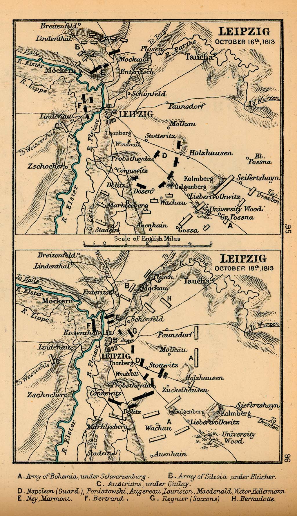 Mapa de la Batalla de Leipzig, Alemania, 16 Octubre y 18 Octubre, 1813