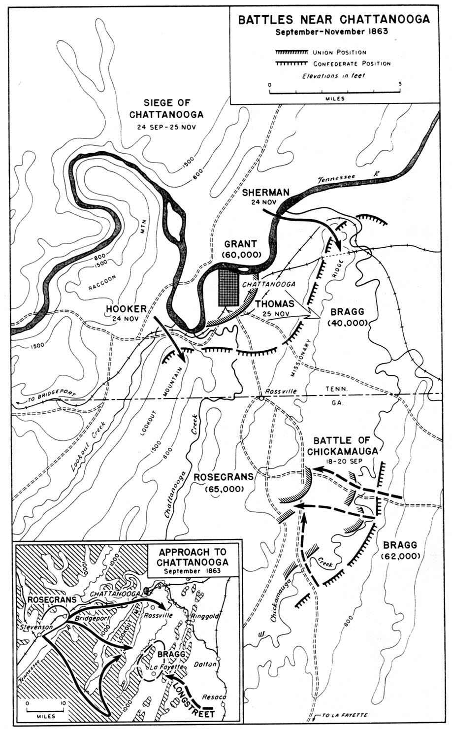 Mapa de la Batallas Cerca de Chattanooga, Guerra Civil Estadounidense,  Septiembre-Noviembre 1863