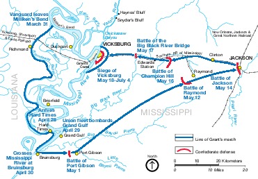 Mapa de la Campaña de Vicksburg, Misisipi, Estados Unidos, Marzo 31 to Julio 4, 1863