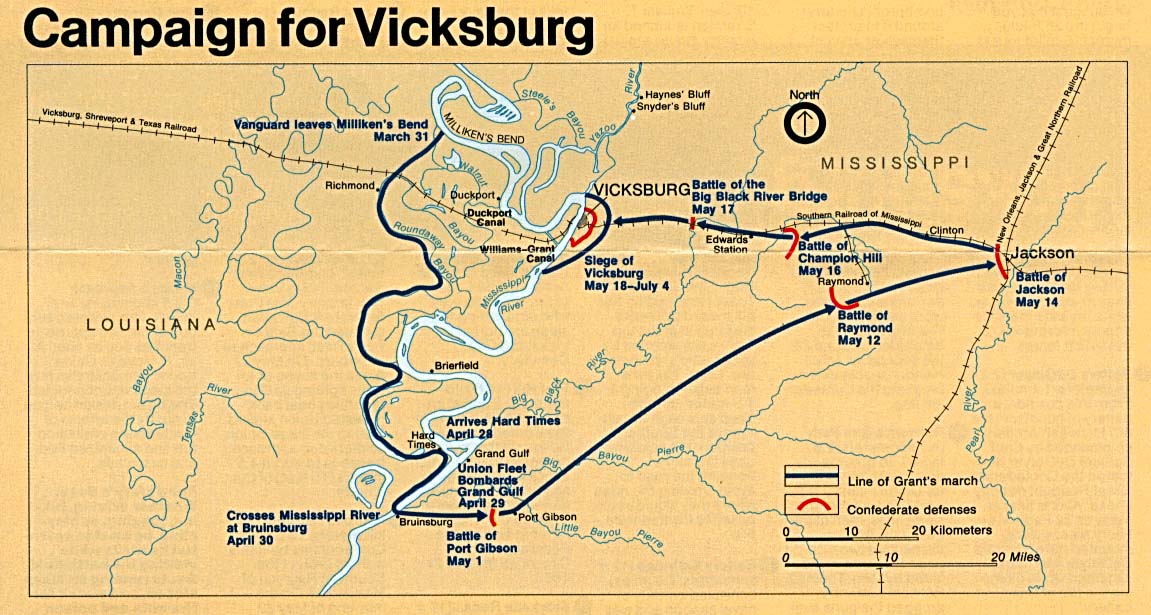Mapa de la Campaña de Vicksburg, Misisipi, Estados Unidos, Marzo 31 to Julio 4, 1863