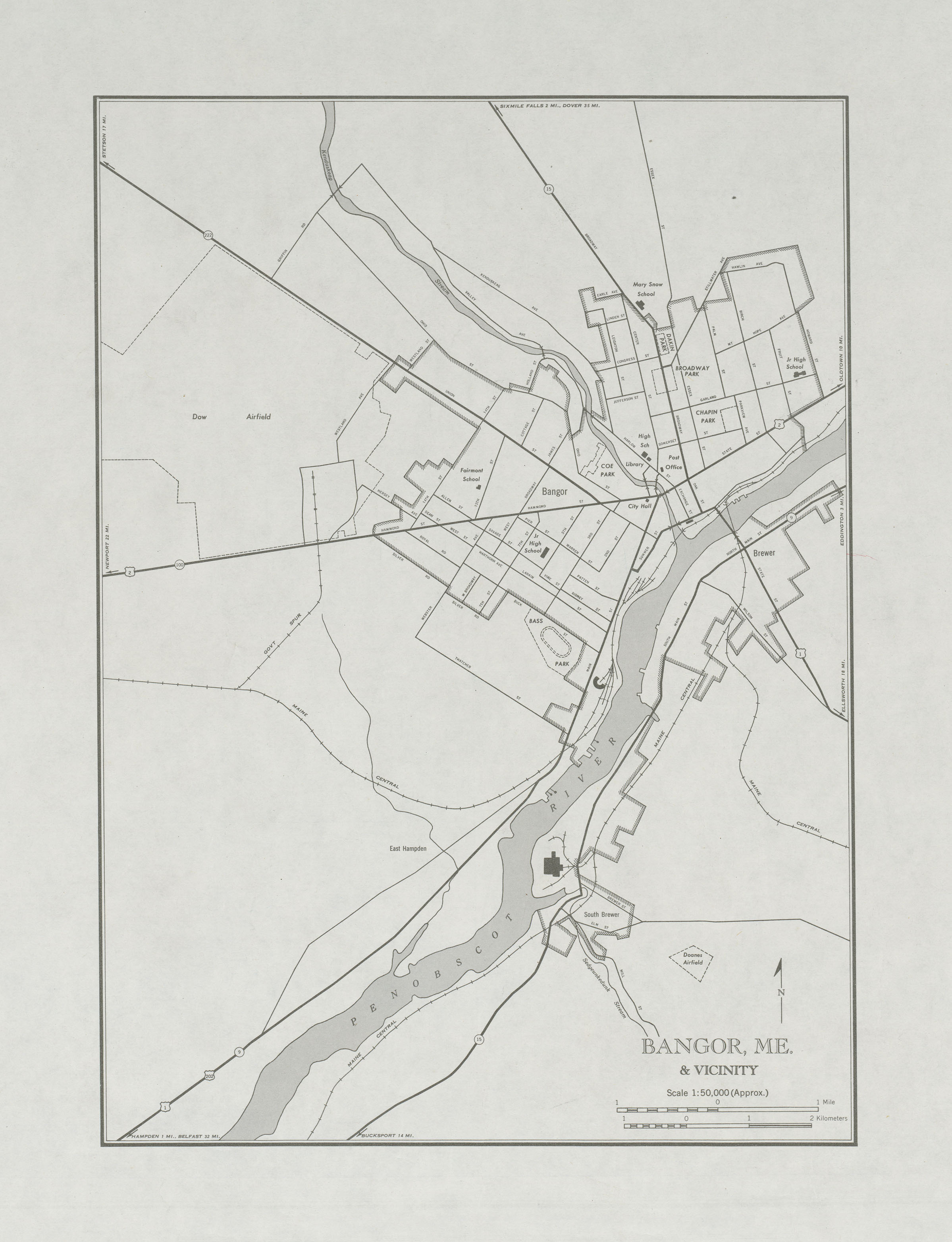 Mapa de la Ciudad de Bangor y Cercanías, Maine, Estados Unidos 1947