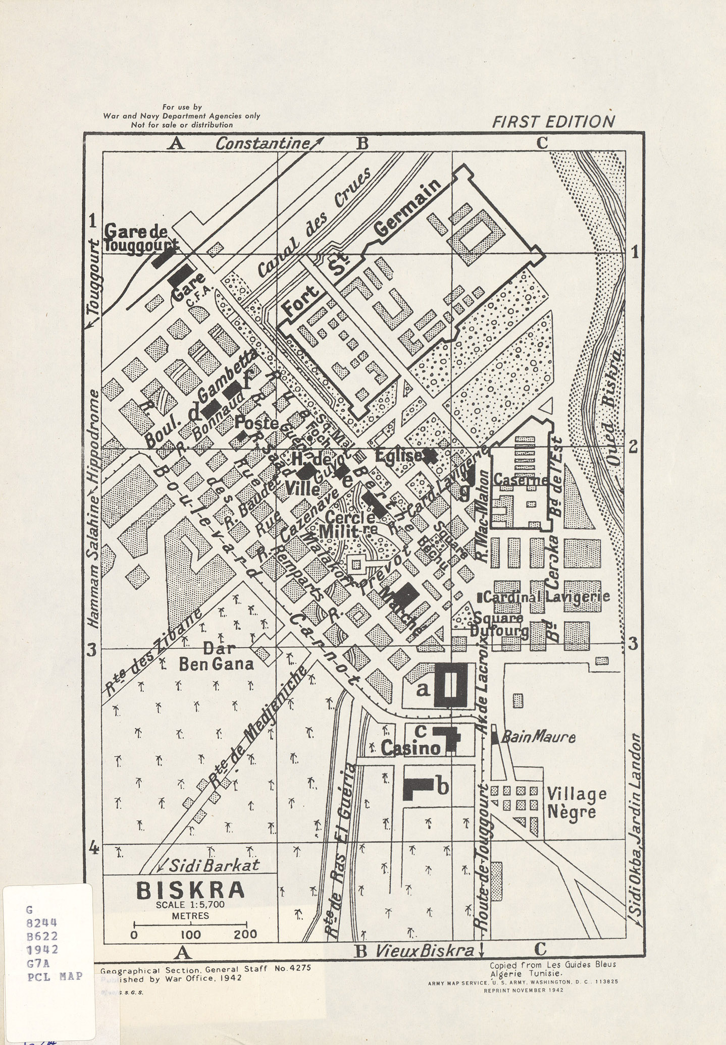 Mapa de la Ciudad de Biskra, Argelia 1942