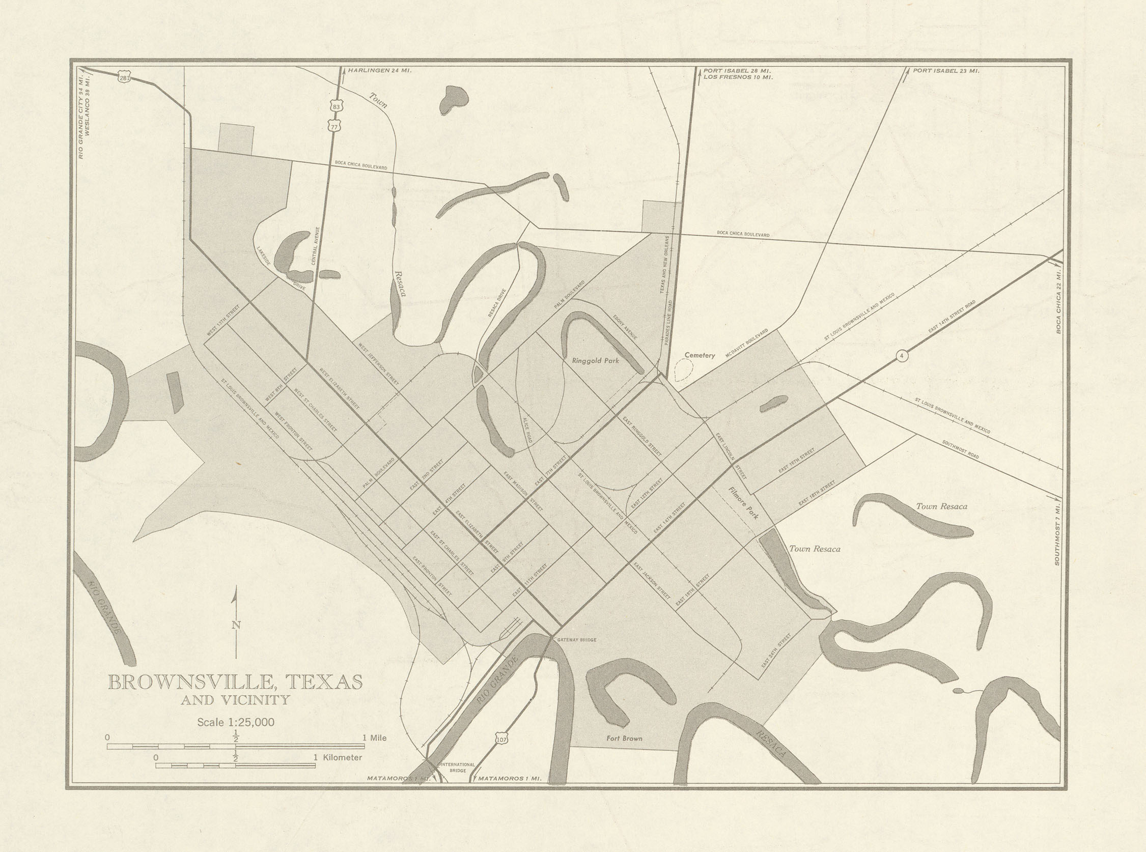 Mapa de la Ciudad de Brownsville y Cercanías, Texas, Estados Unidos 1953