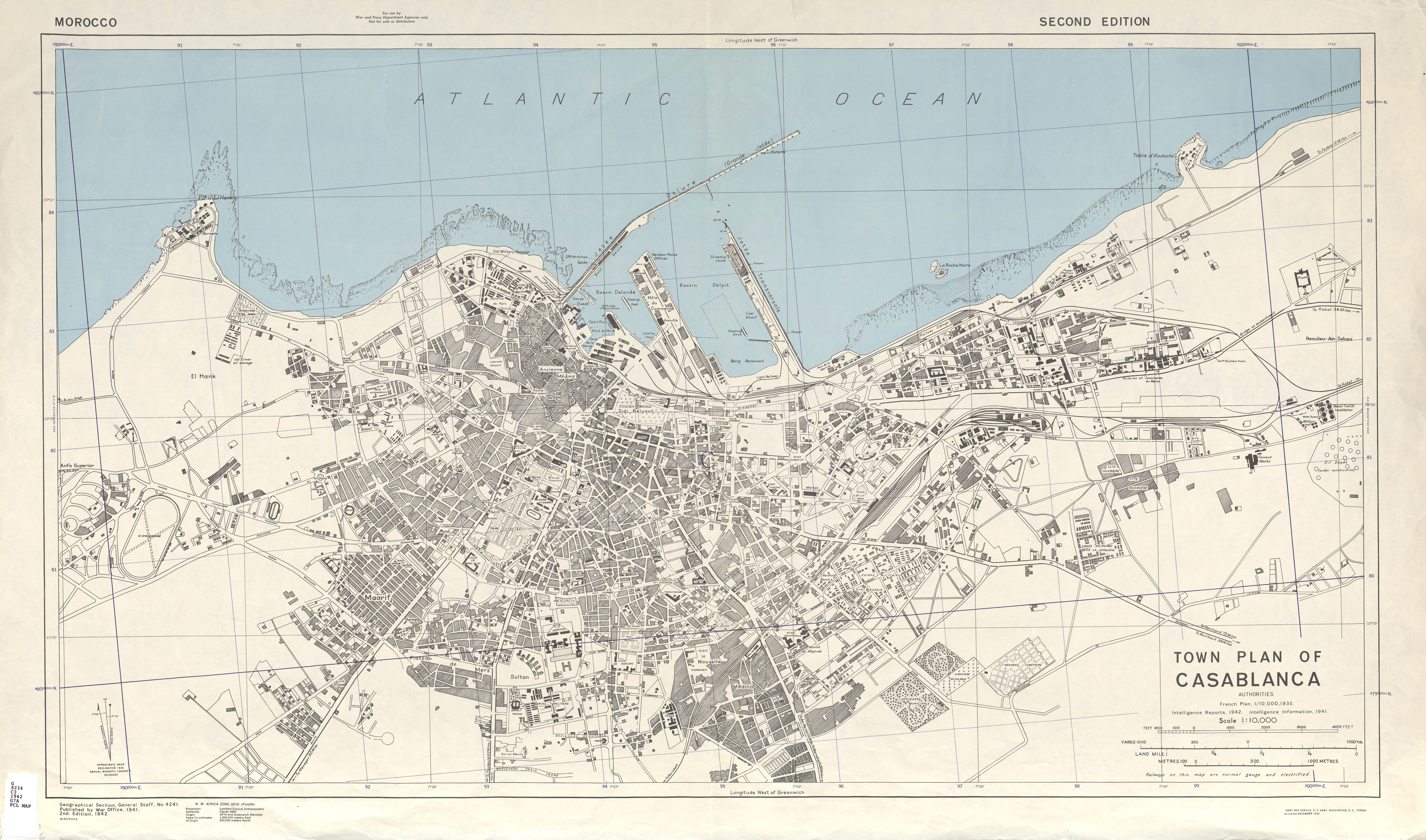 Mapa de la Ciudad de Casablanca, Marruecos 1942